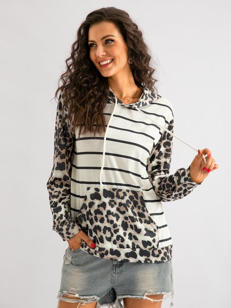 

Leopard Paneled Stripes Long Sleeve Casual Hoodie, Sweatshirts & Hoodies