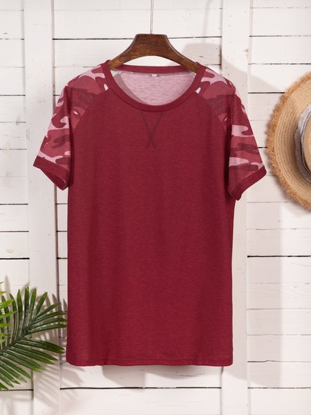 

short sleeve shift crew neck paneled shirts & tops, Wine red, T-Shirts