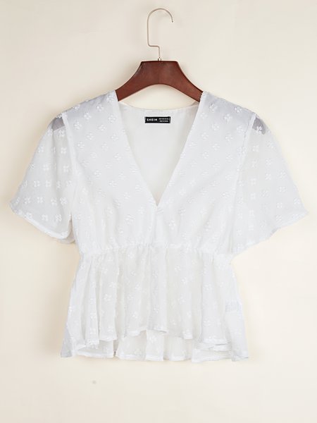 

Cotton-Blend Solid Boho Short Sleeve Shirts & Blouses, White, Shirts & Blouses