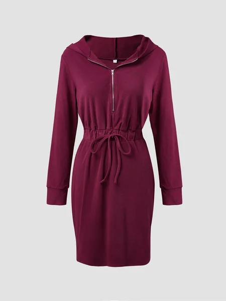 

Women's long sleeved Hooded Dress short skirt, Wine red, Casual Dresses