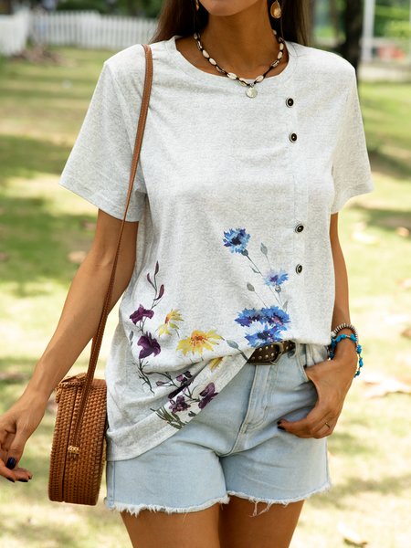 

Casual Crew Neck Cotton-Blend Tops, As picture, T-Shirts