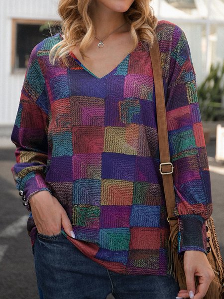 

Top Ombre/Tintura a nodi Maniche Lunghe Scollo a V Stampato Floreale, Multicolore, Blouses & Shirts