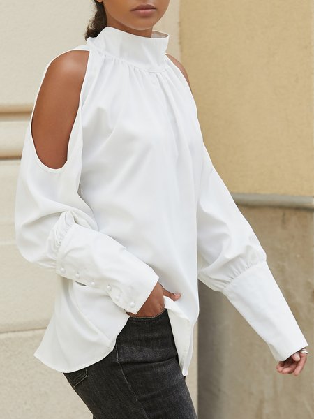 

Turtleneck Long Sleeve Vintage Shift Shirt, White, Blouses and Shirts