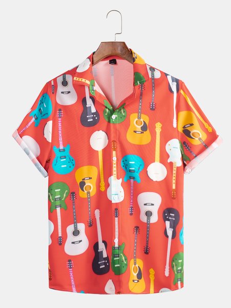 

Mens Rock Roll Guitar Print Lapel Casual Loose Short Sleeve Hawaiian Shirt, Red, Shirts ＆ Blouse