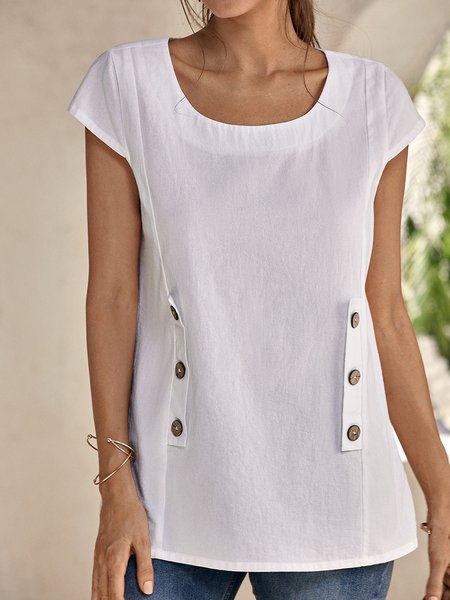 

Buttoned Cotton Short Sleeve Casual Tops, White, T-Shirts