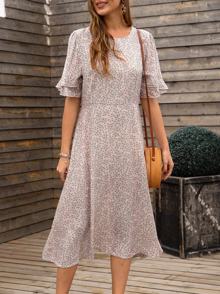 

White Short Sleeve Floral-Print A-Line Crew Neck Midi Dress, Midi Dresses