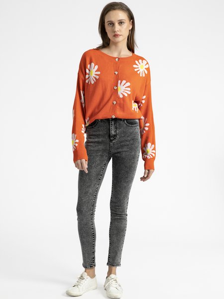 

Long Sleeve Vintage Crew Neck Sweater, Orange, Cardigans