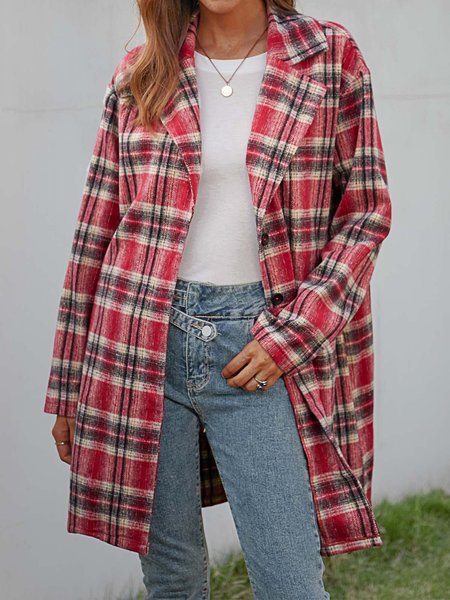 

Long Sleeve Checkered/plaid Boho Cotton-Blend Outerwear, Red, Outerwear