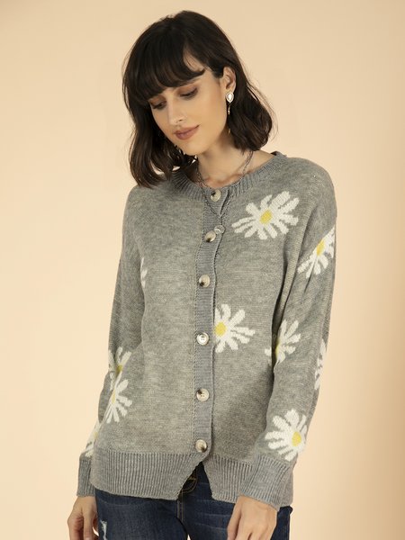 

Long Sleeve Cotton-Blend Shift Floral Sweater, Gray, Sweaters