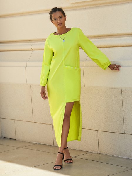 

Crew Neck Long Sleeve Cotton Shift Dress, As picture, Maxi Dresses