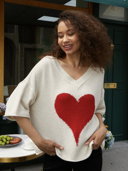 

Heart-shaped V-neck Sweater, Apricot, Sweaters