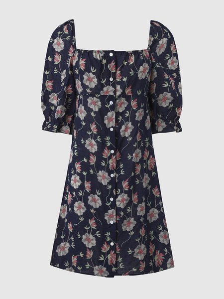 

Half Sleeve Floral-Print Casual Weaving Dress, Deep blue, Mini Dresses
