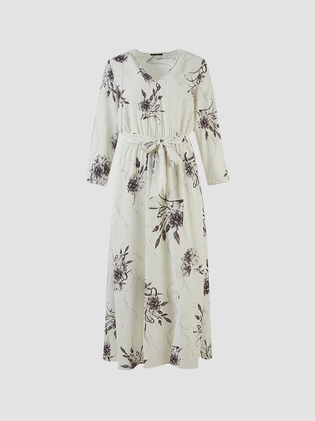 

V Neck 3/4 Sleeve Dresses, Apricot, Floral Dresses