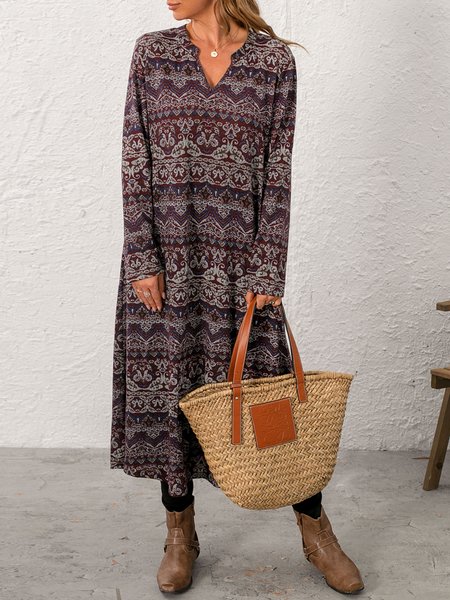 

Tribal Long Sleeve Floral-Print Dresses, Brick red, Midi Dresses
