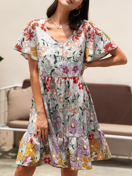 

Abito Scollo a V Floreale Vacanza Maniche Corte, Fiore, Midi Dresses