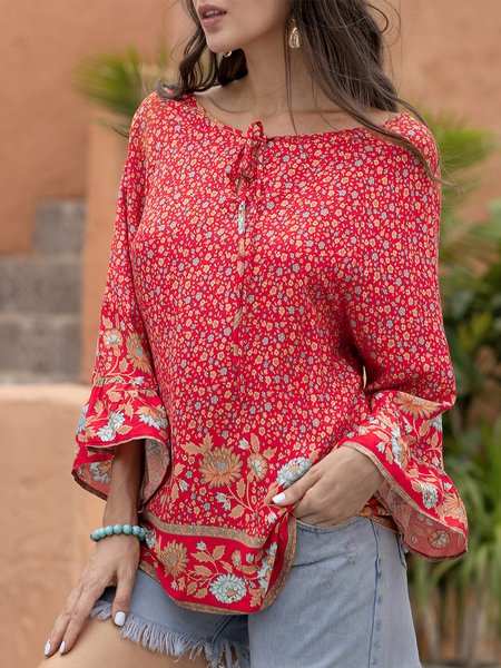 

Shift Floral Cotton-Blend Boho Tops, Red, Long sleeve tops