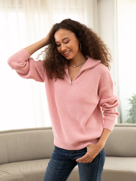 

Long Sleeve Plain V Neck Casual Sweater, Light pink, Blouses & Shirts
