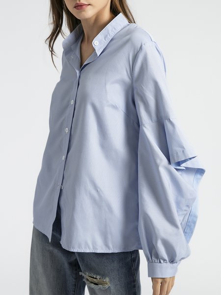 

Stripes Long Sleeve Stand Collar Casual Top, Blue, Blouses and Shirts