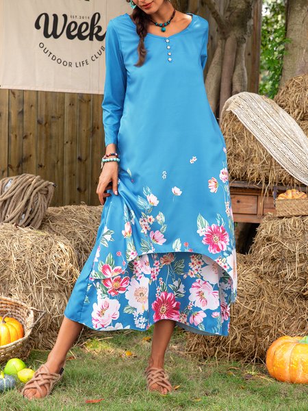 

Floral Long Sleeve Crew Neck Casual Maxi Dresses, Blue, Floral Dresses