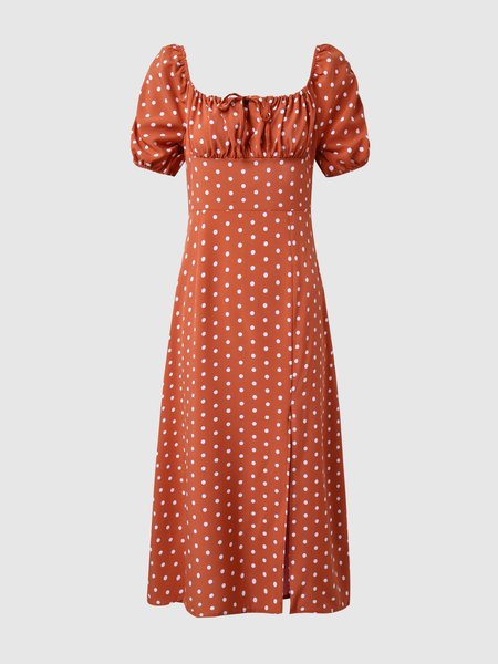 

Puff Sleeve Polka Dots Square Neck Slim Fit Side Slit Dress, Orange, Maxi Dresses