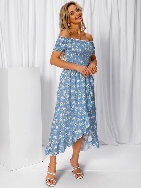 

Short Sleeve Boho Swing Weaving Dress, Lightblue, Dresses