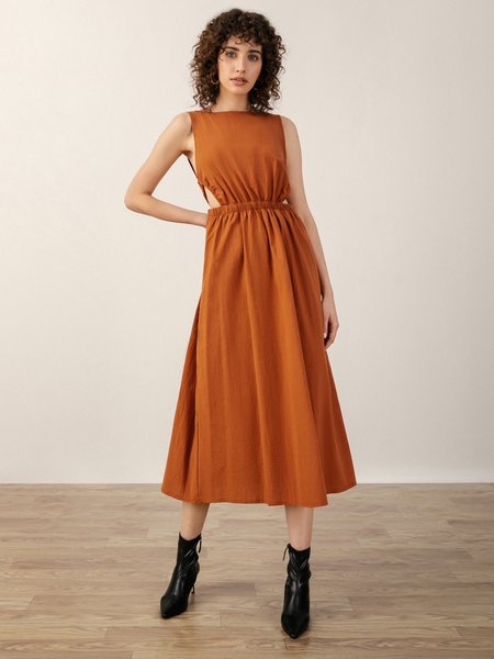 

Regular Fit Elegant Solid Weaving Dress, Brown, Midi Dresses