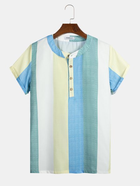 

Mens Striped Print Henley Collar Holiday Short Sleeve Shirts, Yellow, Men's Floral shirt