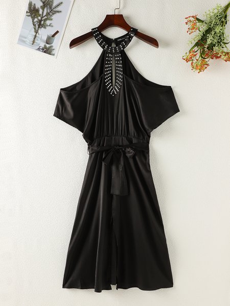 

Halter Short Sleeve Solid Dress, Black, Midi Dresses