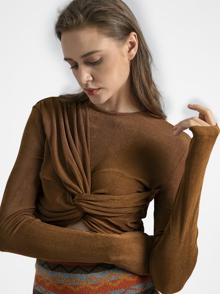 

Long Sleeve Crew Neck Plain Top, Coffee, Pullovers