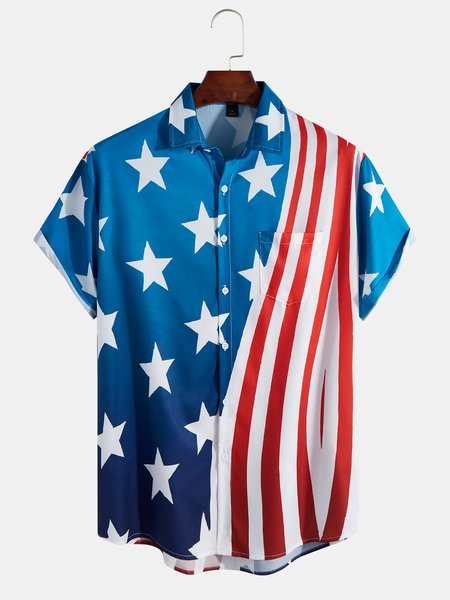 

Mens American Flag Casual Breathable Chest Pocket Short Sleeve Hawaiian Shirts, Blue, Shirts ＆ Blouse