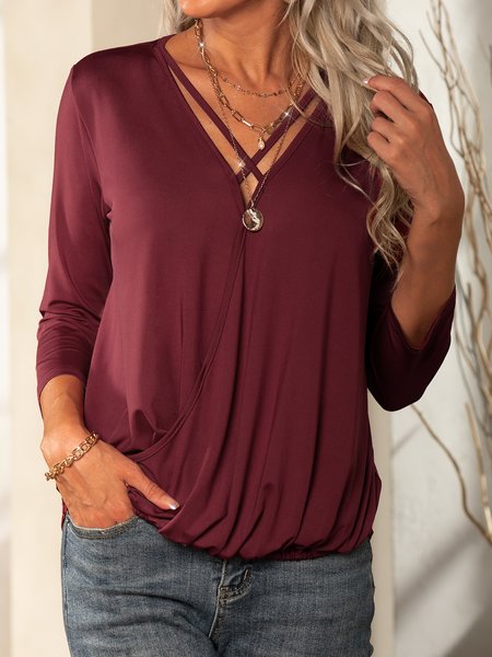 

Cotone Maniche Lunghe Tinta unita Incrociato Top, Vino rosso, Blouses & Shirts