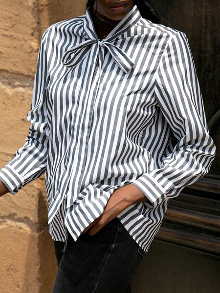 

Shift Stripes Shirt Collar Long Sleeve Top, As picture, Blouses and Shirts