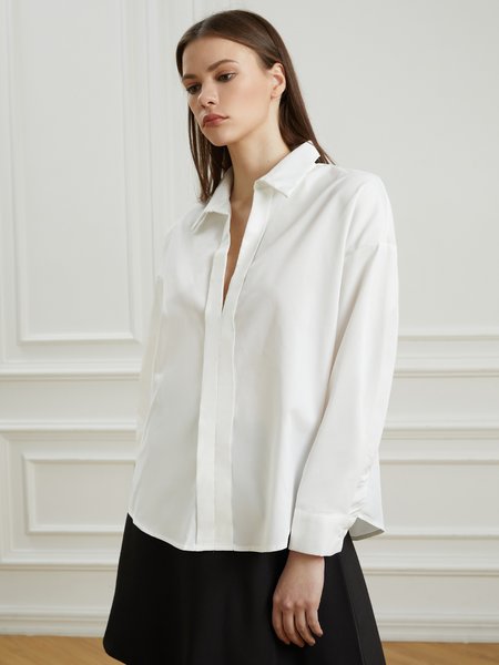

Casual Shirt Collar Long Sleeve Plain Top, White, Blouses and Shirts