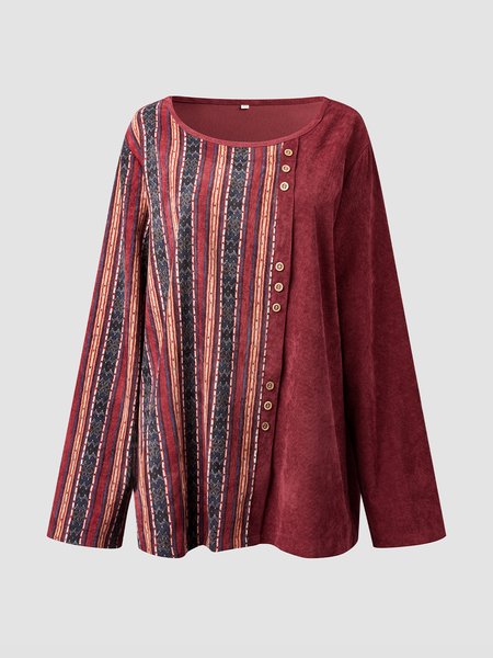 

Vintage Casual Striped Elegant Crew Neck Shirts & Tops, Red, Long sleeve tops