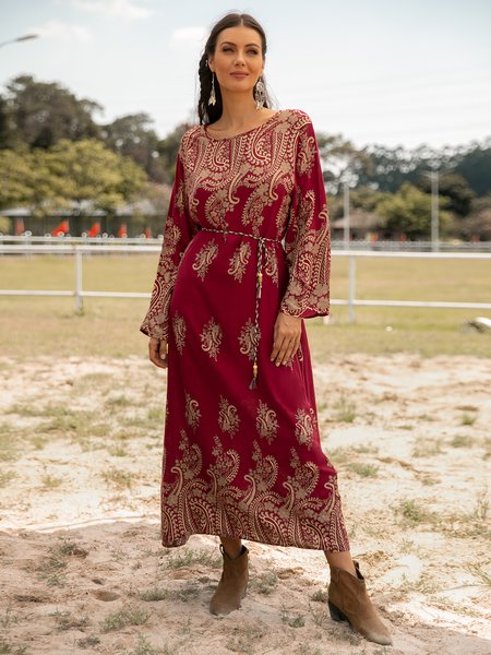 

Long Sleeve Scoop Neckline Casual Boho Dresses, Wine red, Boho dresses