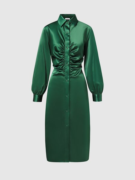 

Lapel Elegant Solid Weaving Dress, Green, Midi Dresses
