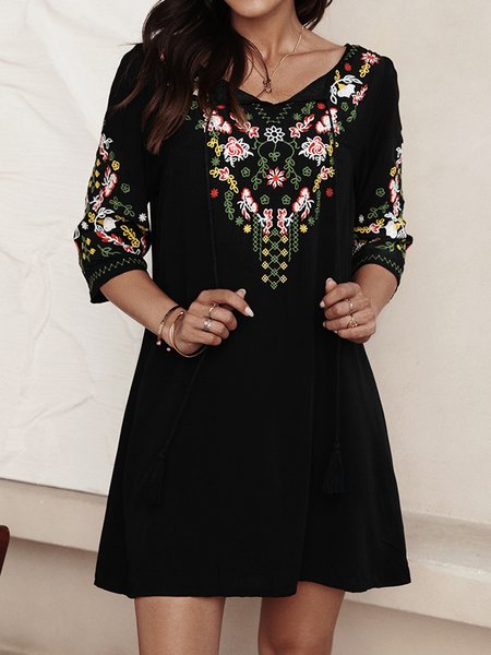 

Half Sleeve Floral-Embroidered Crew Neck Dresses, Black, Floral Dresses