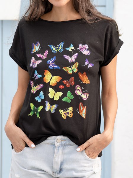 

Animal Print Round Neck Short Sleeves Casual T-shirts, Black, T-Shirts