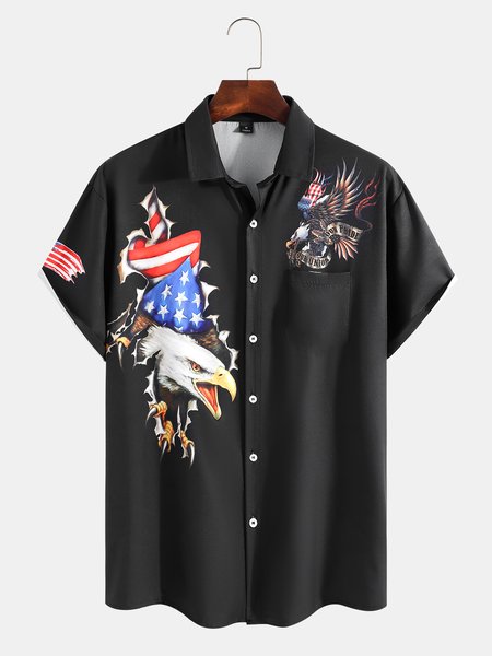 

Casual Style Culture Series American Flag And American Eagle Element Lapel Short-Sleeved Printed Shirt Top, Black, Shirts ＆ Blouse