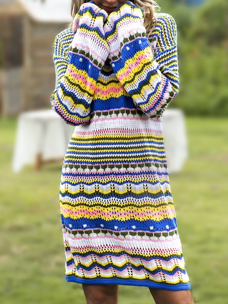 

Knitted Boho Striped Crew Neck Dresses, Blue, Mini Dresses