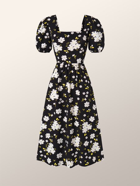 

Elegant Floral Puff Sleeve Open Back Dress, Black, Maxi Dresses