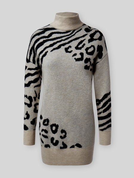 

Turtleneck Leopard Cotton-Blend Long Sleeve Dresses, Gray, Dresses