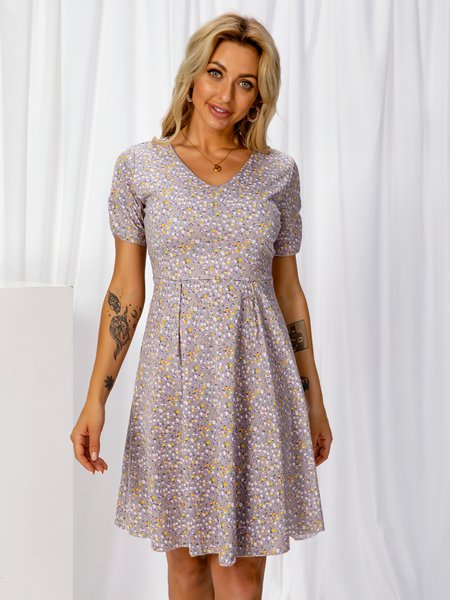 

Floral Short Sleeve Sweet V Neck Weaving Dress, As picture, Dresses