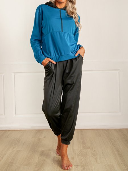 

Plain Hooded Long Sleeves Casual Two Piece Sets, Blue, Two-piece Outfits