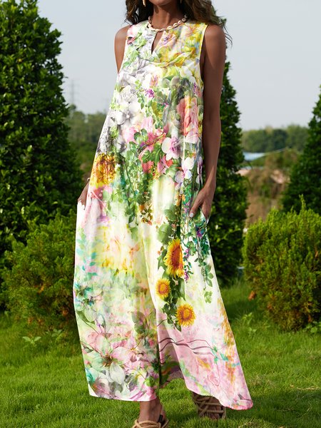 

Sleeveless Floral V Neck Dresses, White, Floral Dresses