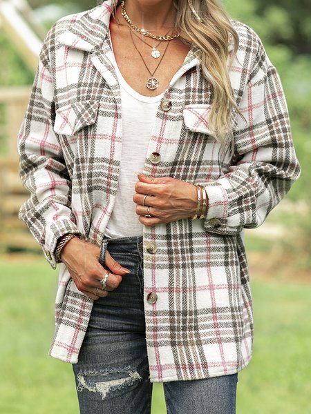 

plaid long sleeve shift outerwear, Apricot, Cardigans