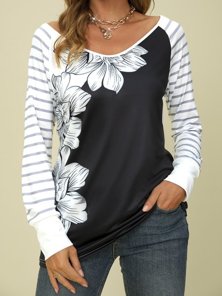 

Long Sleeve Floral T-shirt, Black white, T-Shirts