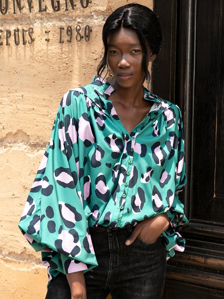 

Leopard Stand Collar Long Sleeve Blouse, Green, Blouses and Shirts