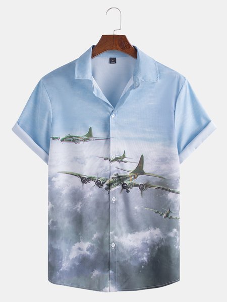 

Mens Plane Print Casual Lapel Short Sleeve Hawaiian Shirts, Blue, Shirts ＆ Blouse