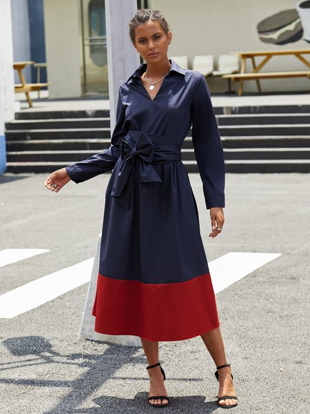 

Spring Fall Shirt Collar Casual A-Line Long Sleeve Date Dress, Red-blue, Midi Dresses